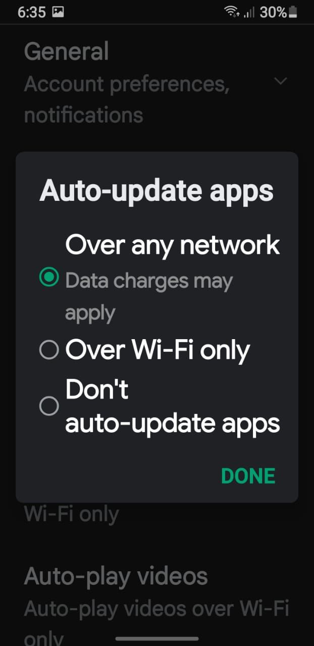 Selecting the Google Play Store to Update Apps Over Any Network Option in Google Play Store Settings