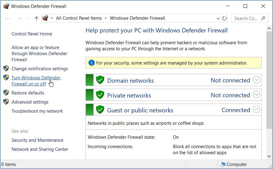 Selecting the Turn Defender Firewall on or off option on Windows