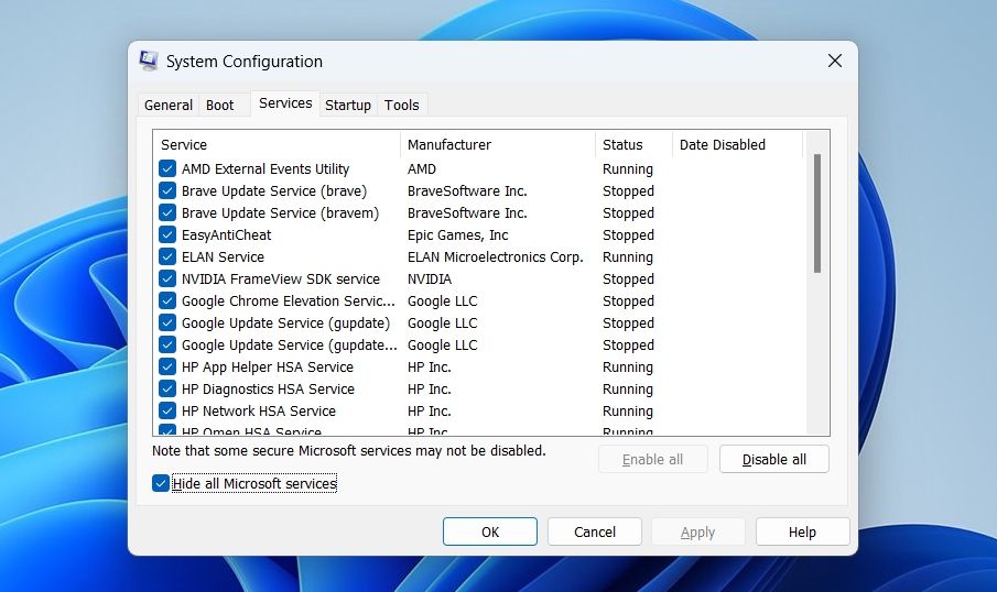 Service tab of System Configuration window