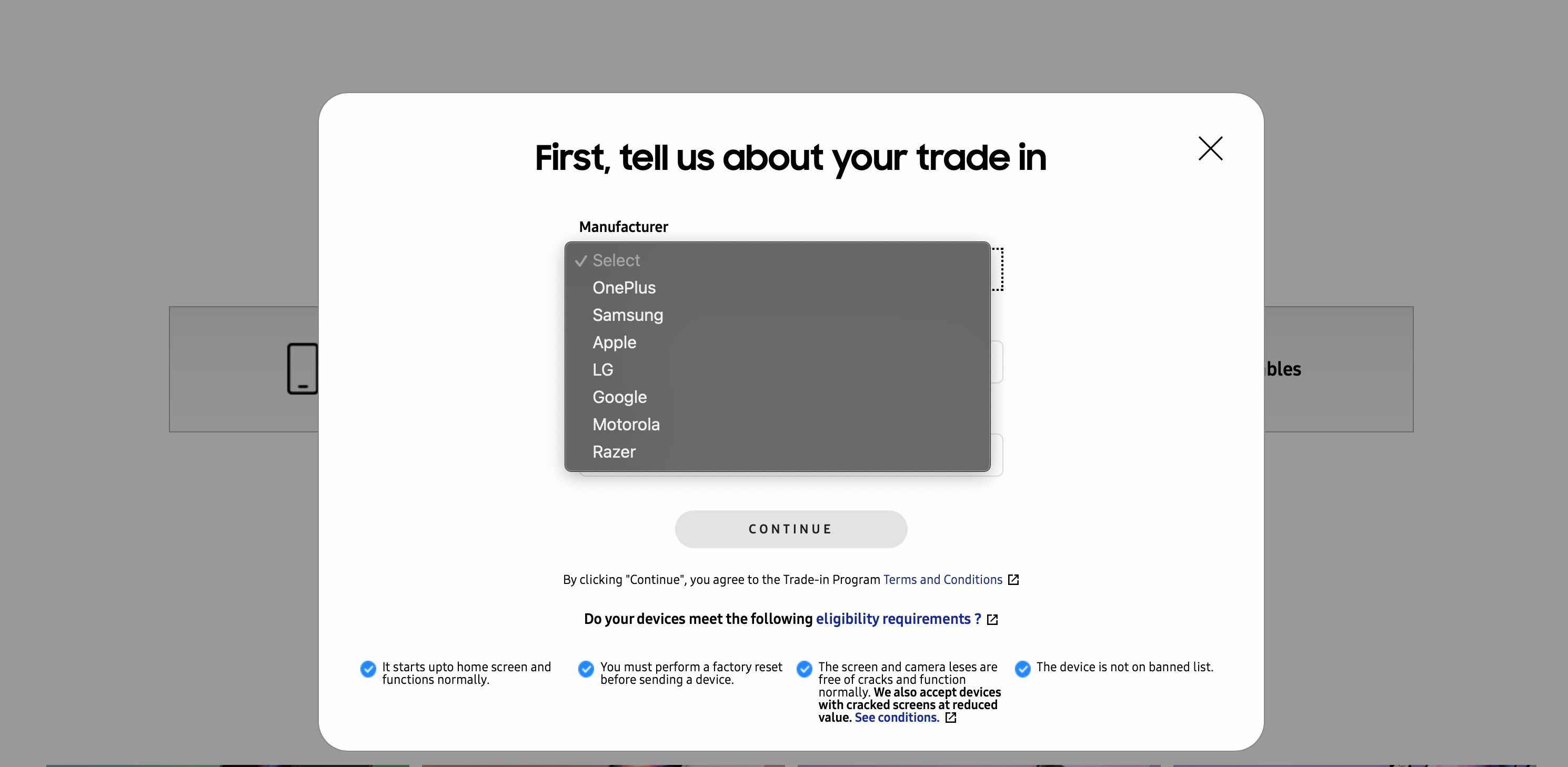 Smartphone list on Samsung's Trade-In page