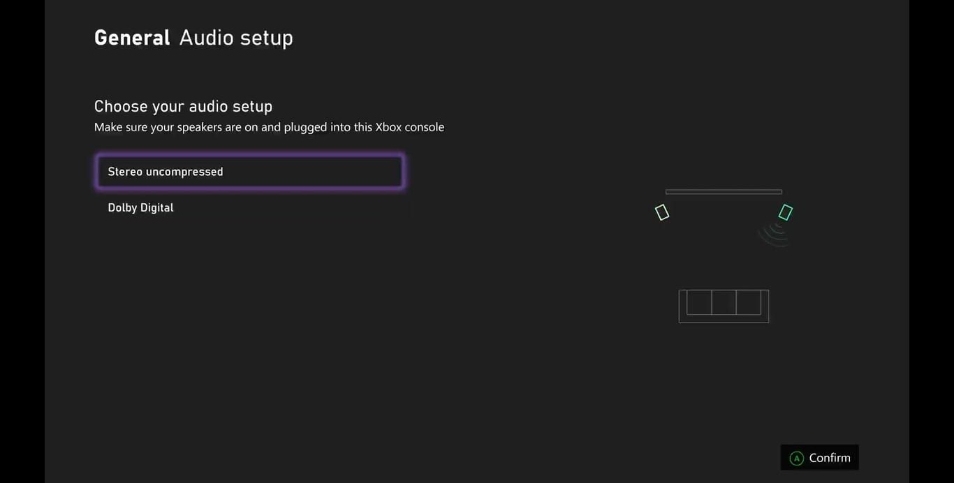 A screenshot of the Xbox option for Audio Setup highlighting a left speaker and playing audio