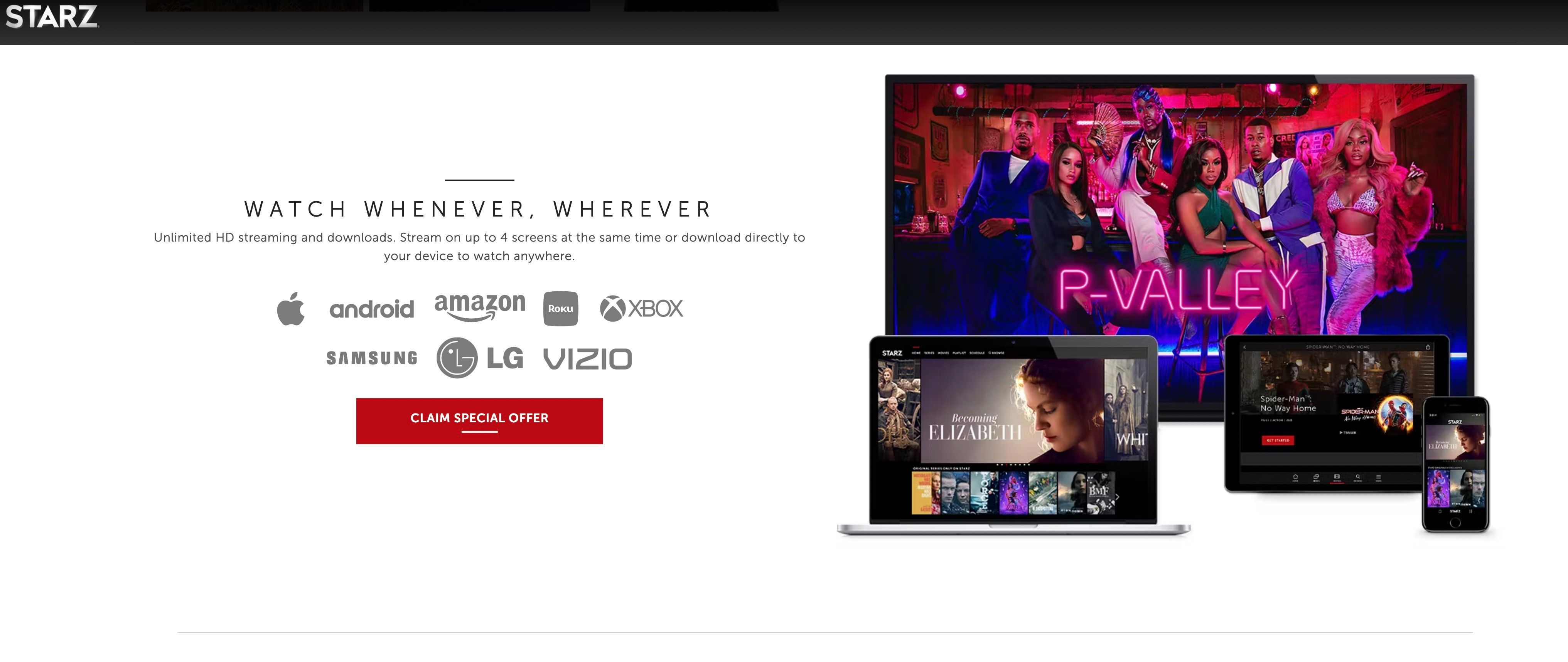 Starz Streaming Device Options with special offer button