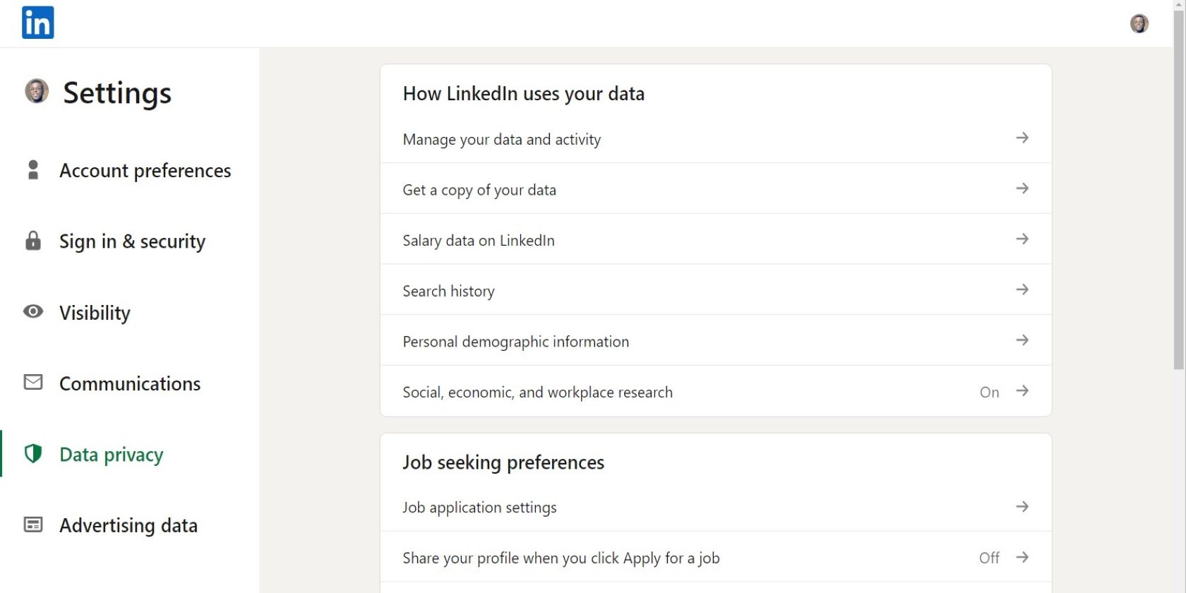 Accessing the Data Privacy Menu on LinkedIn