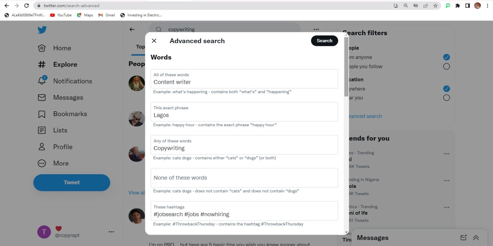 Using the Advanced search features to find a job on Twitter.