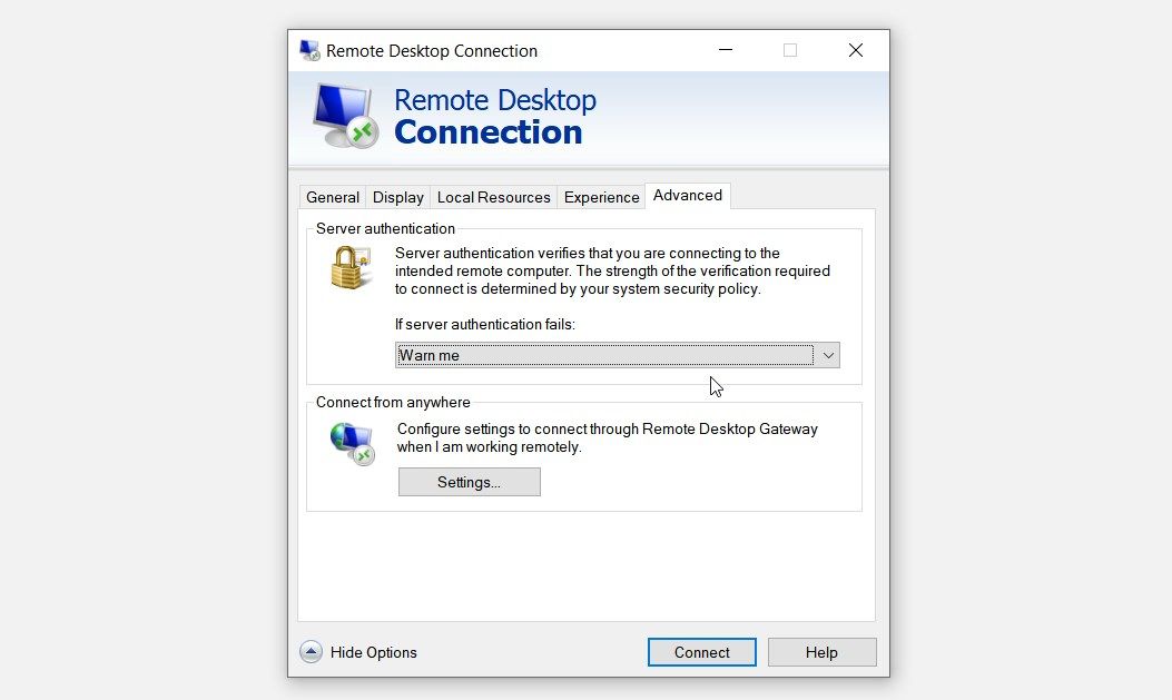 The “Advanced” tab on the “Remote Desktop Connection” screen