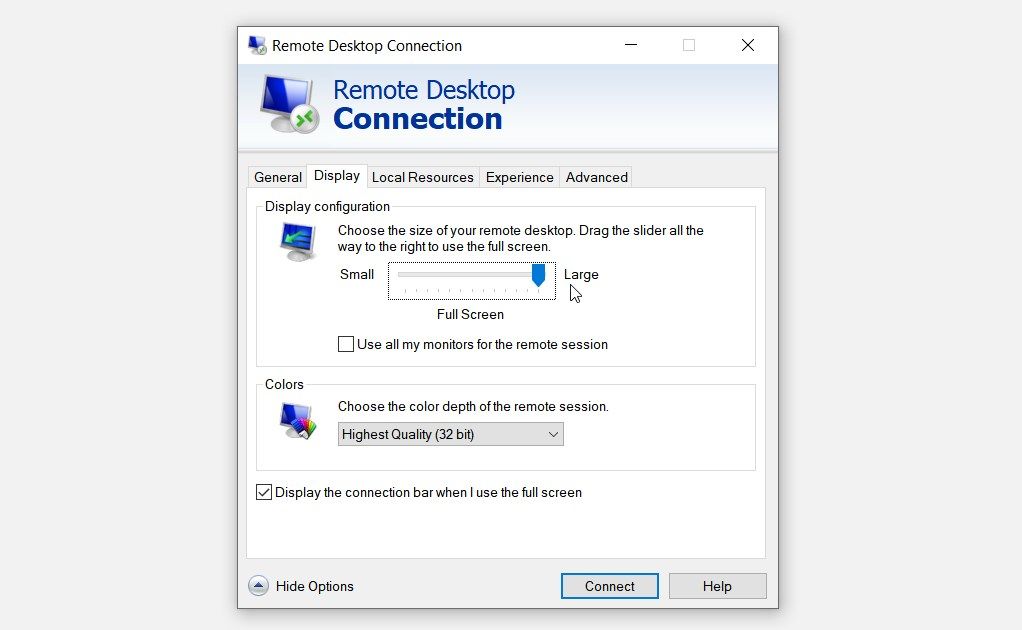 The “Display” tab on the “Remote Desktop Connection” screen