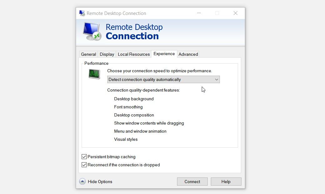 The “Experience” tab on the “Remote Desktop Connection” screen