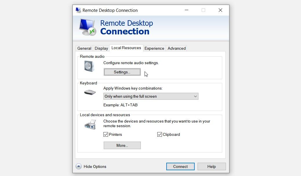 The “Local Resources” tab on the “Remote Desktop Connection” screen