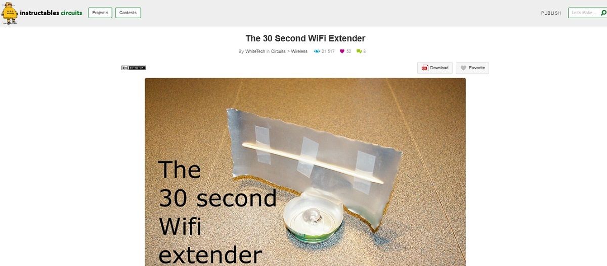 Screengrab of the 30 second WiFi extender project page