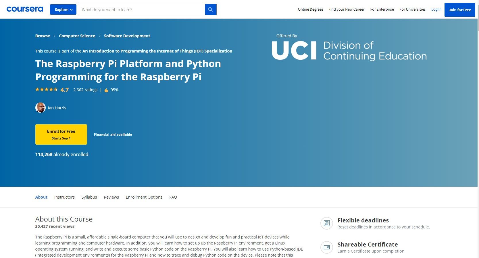 Coursera web page highlighting the course details for Raspberry Pi and Python course