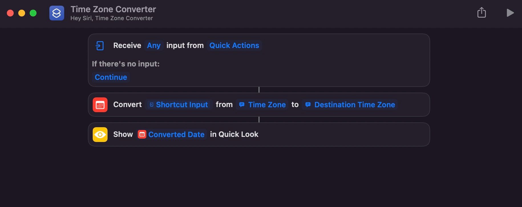Time Zone Converter Actions in Shortcuts App
