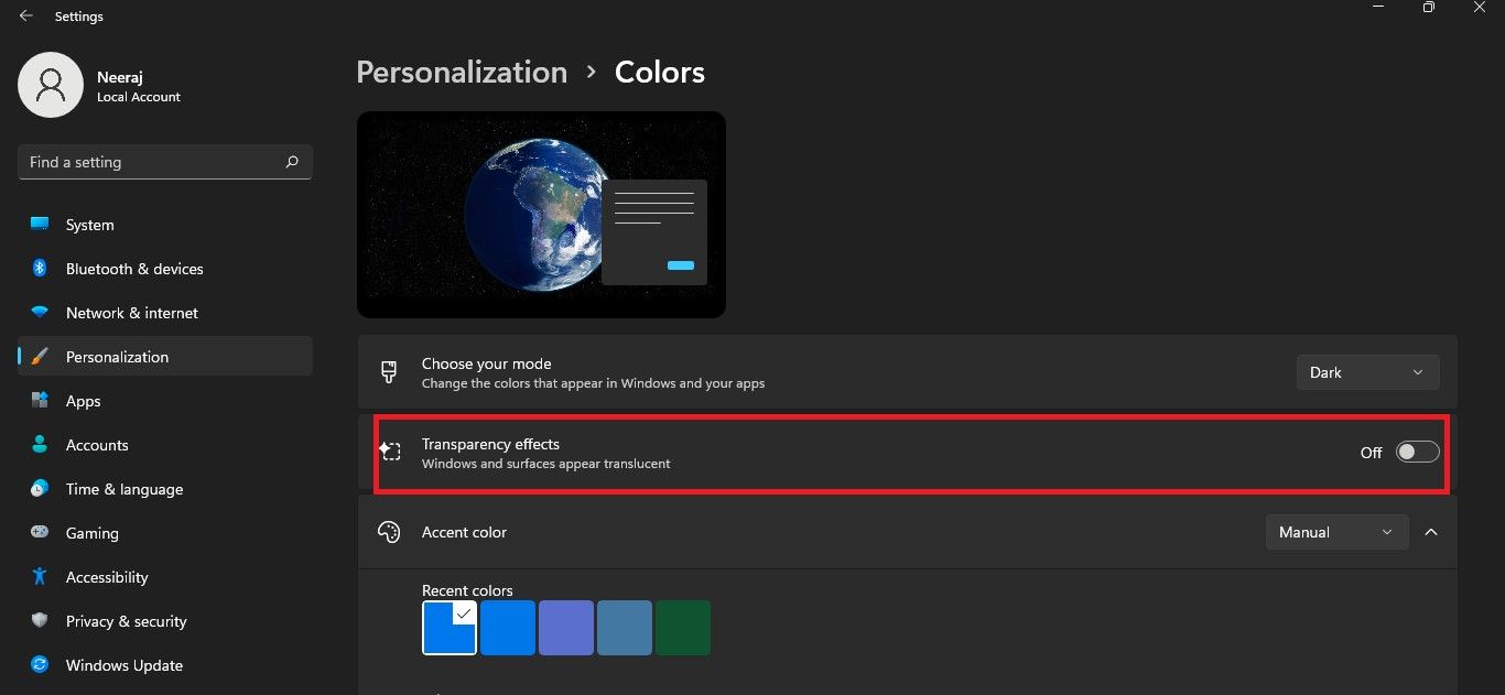 Toggle Off Transparency Effects in Colors Page on Windows 11