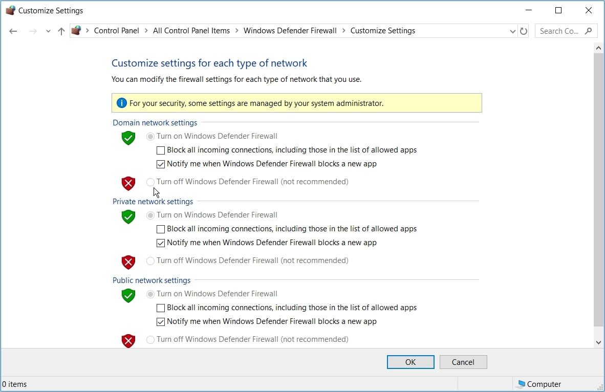 Turning off the Defender Firewall on Windows