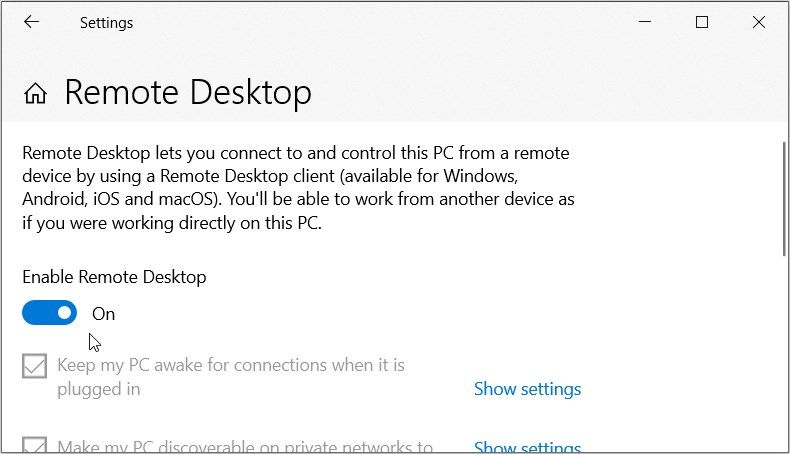 Turning on the “Enable Remote Desktop” button