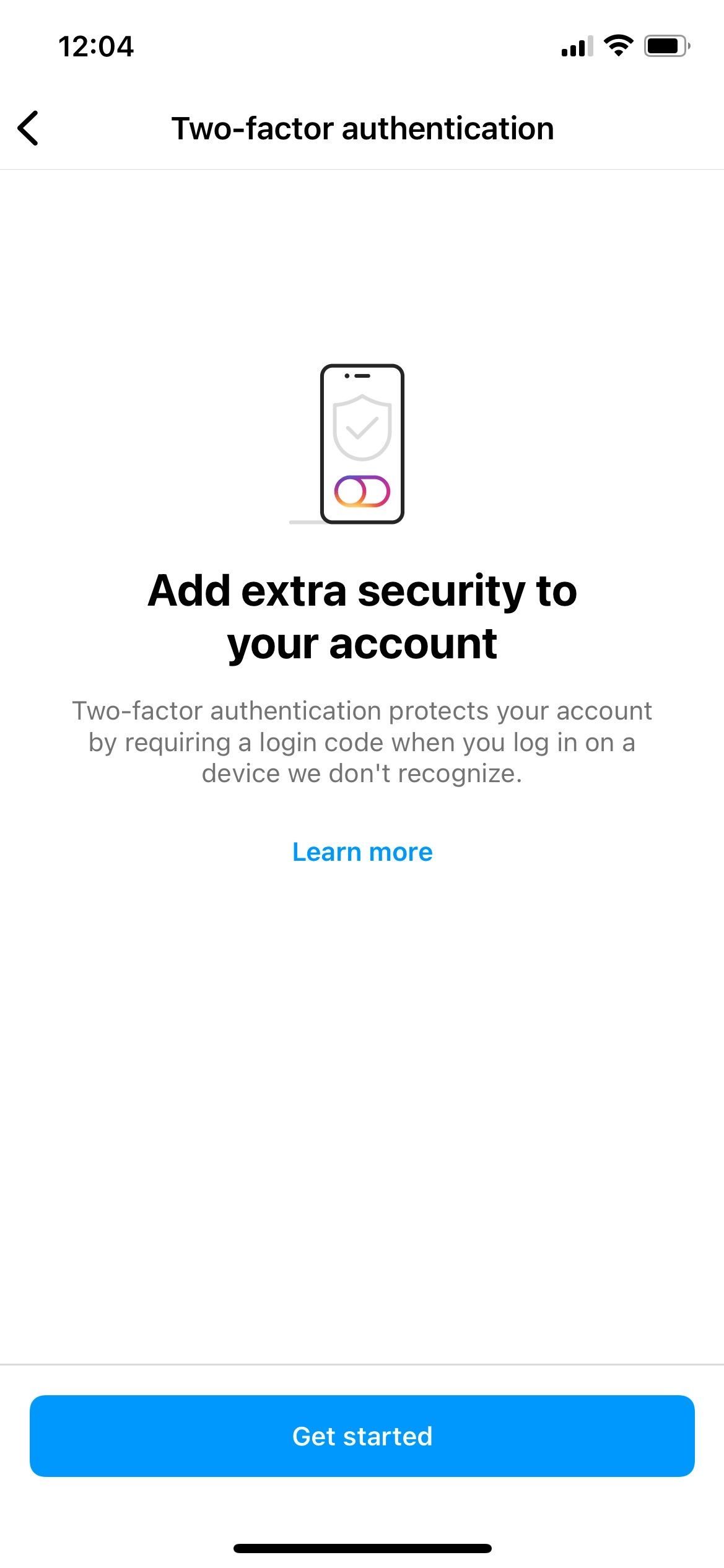 Two factor authentication on Instagram