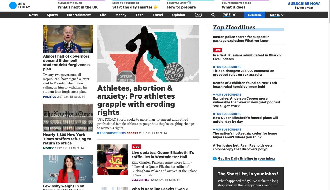 Screenshot of USA TODAY's homepage