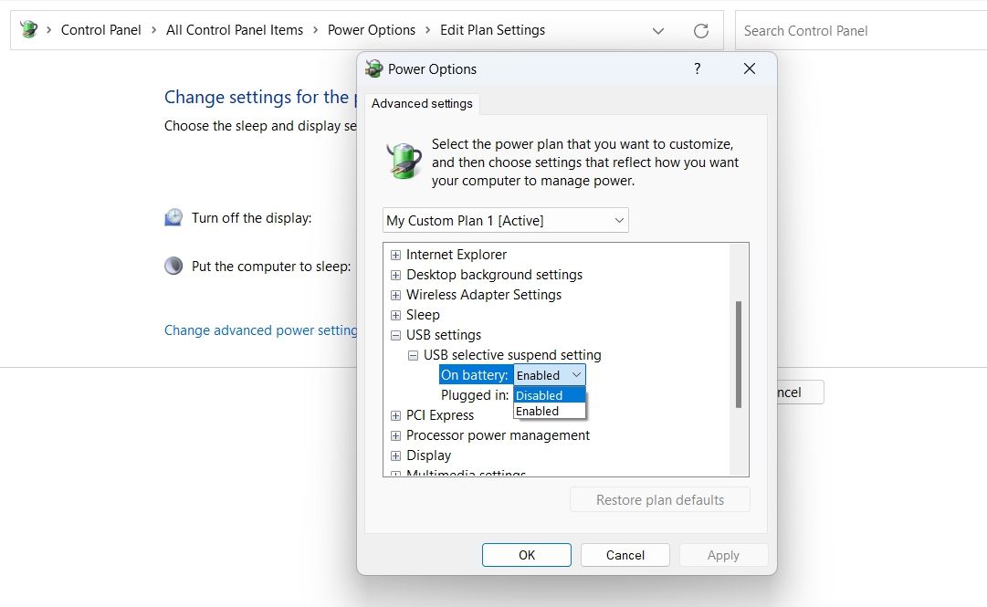USB Selective Setting option in the Control Panel