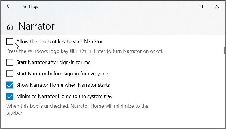 علامت کادر "Allow the key shortcut to start Narrator" را بردارید