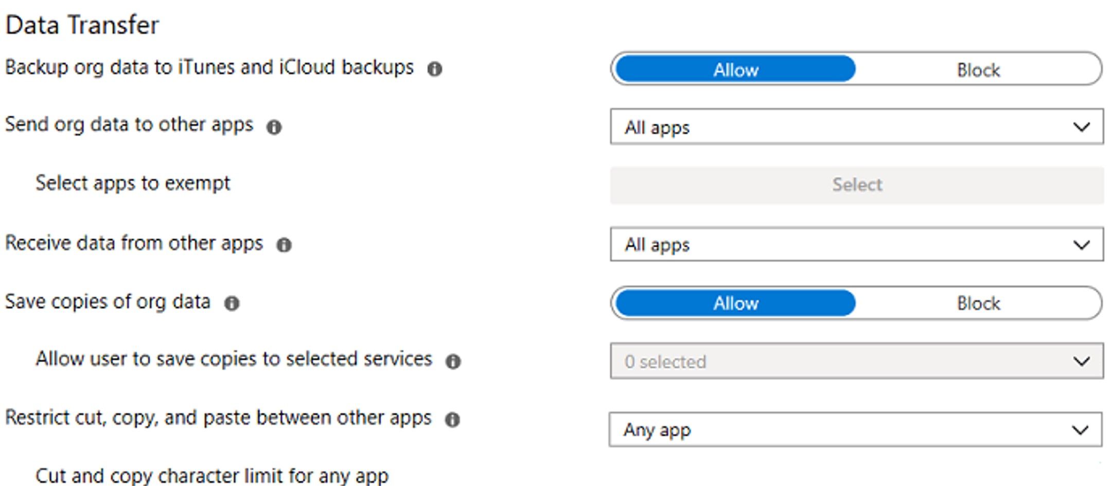 Unblocking the Copy Pasting in Data Transfer Settings of Microsoft Intune's Policy