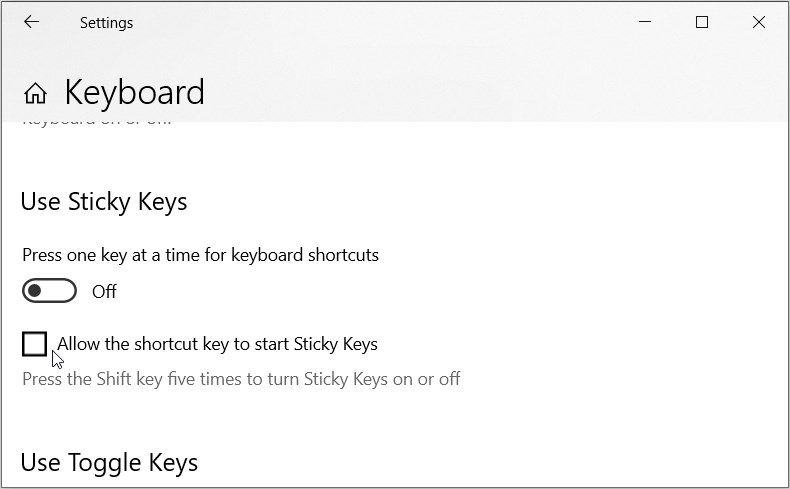 علامت کادر "Allow the key shortcut to start Sticky Keys" را بردارید