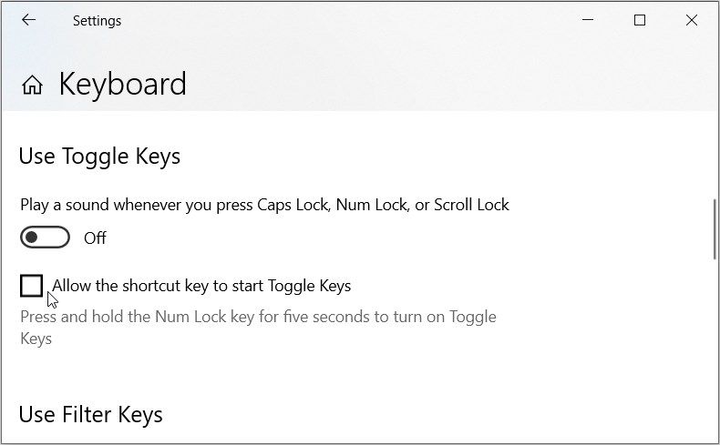 علامت کادر "Allow the key shortcut to start Toggle Keys" را بردارید