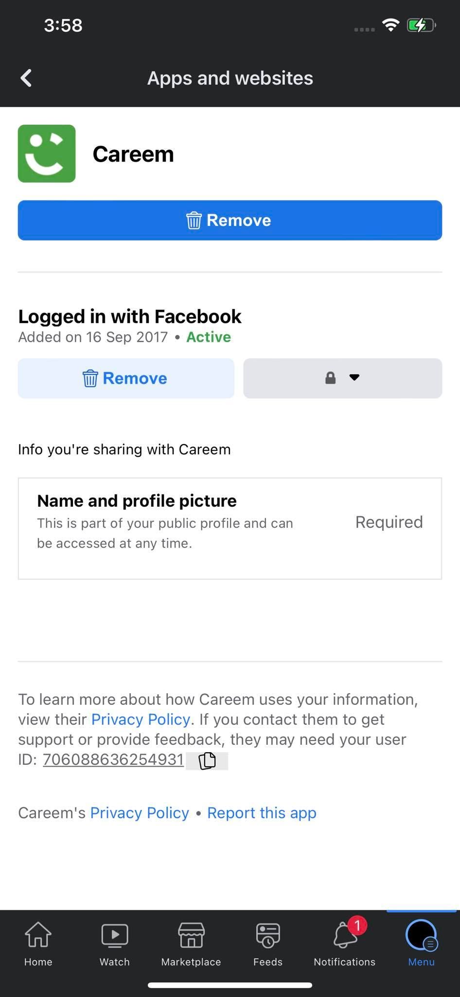 Unlinking Linked App to Our Facebook Account by Clicking on Remove Button Next in Settings of Facebook for iOS