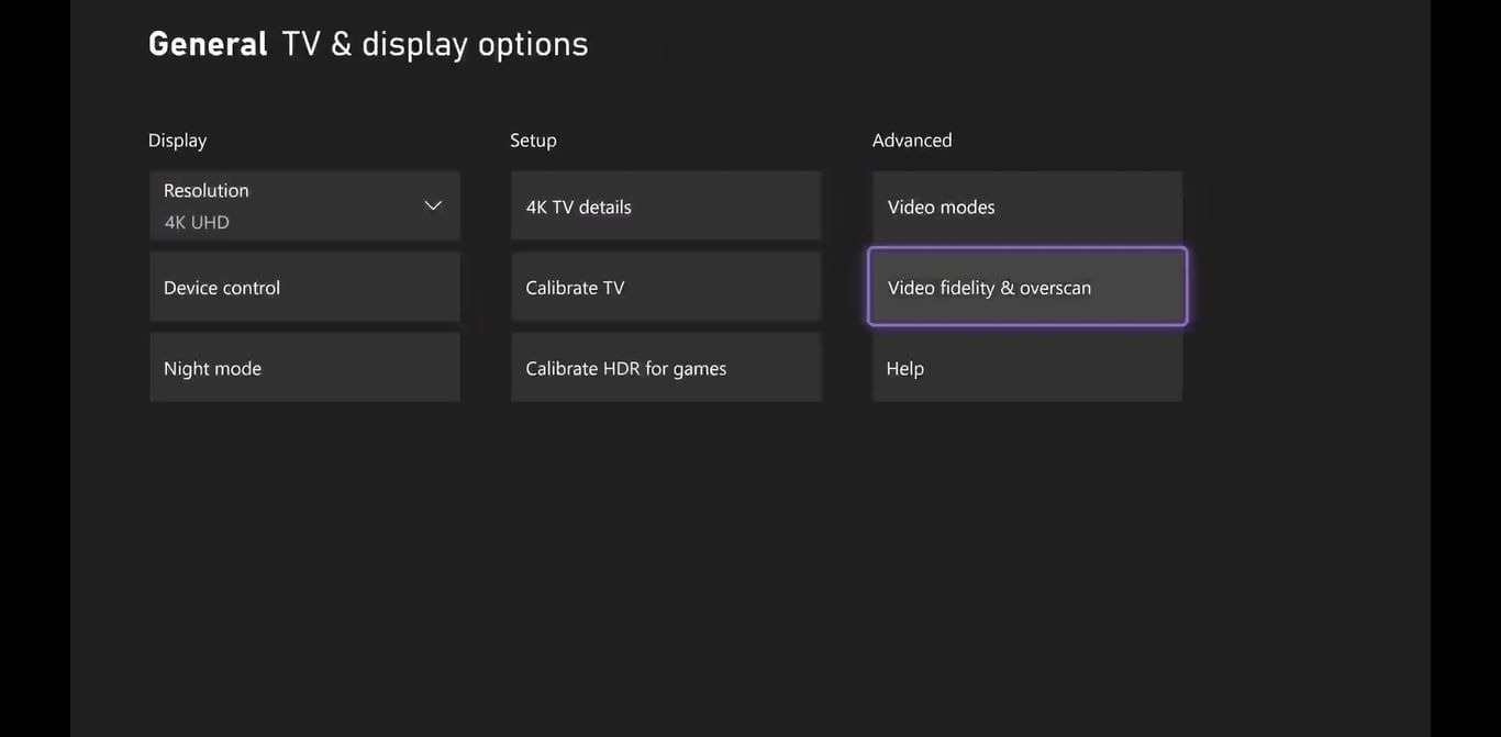 A screenshot of the Xbox Series X tv and display options with Video Fidelity and Overscan highlighted