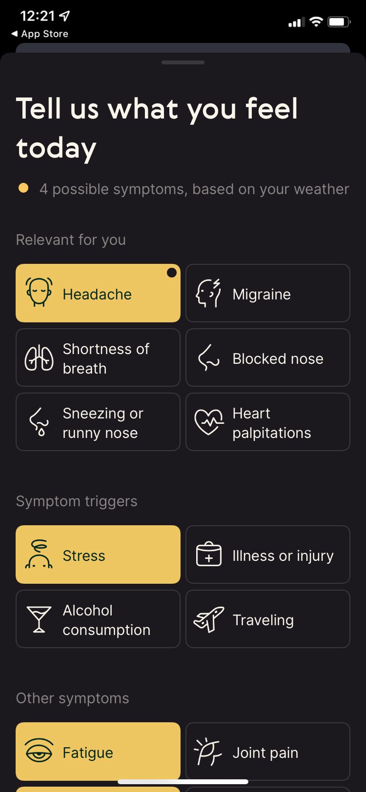 WeatherWell app symptom log