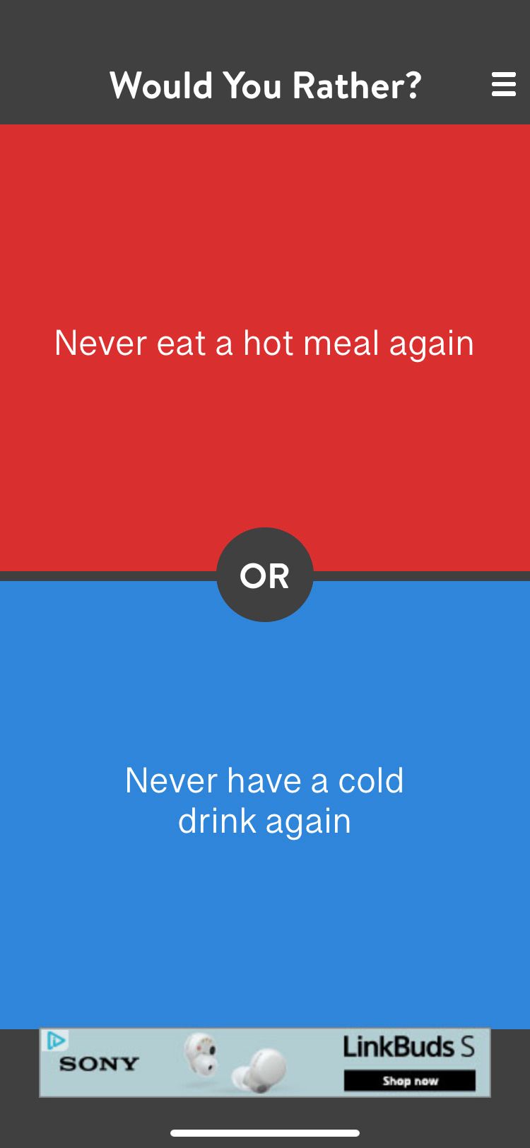 What Would You Choose Rather app hot meal or cold drink