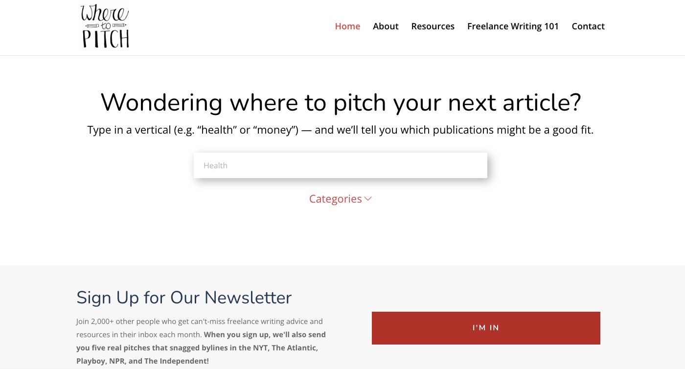 Where to Pitch Newsletter Subscription Page Screenshot