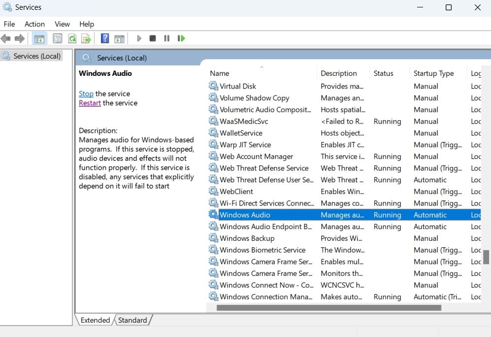 Windows Audio service in the Services window