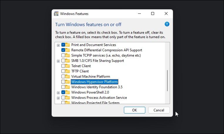 Windows features dialog disable virtual machine platform windows hypervisor platform