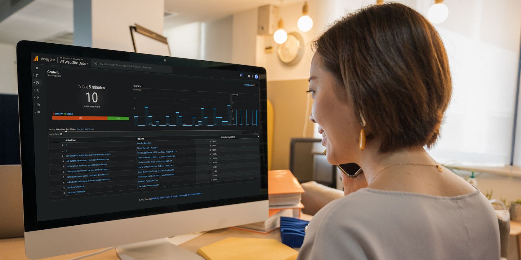 Woman looking at Live Google Analytics on a monitor