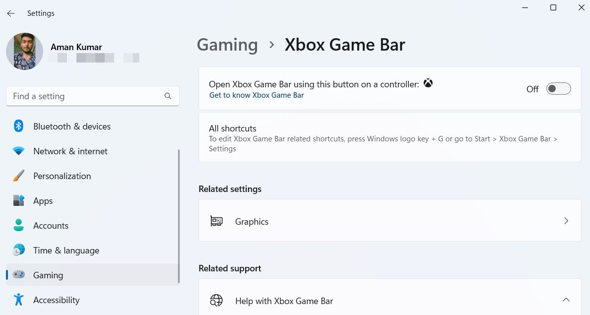 Disabling Xbox game bar from settings