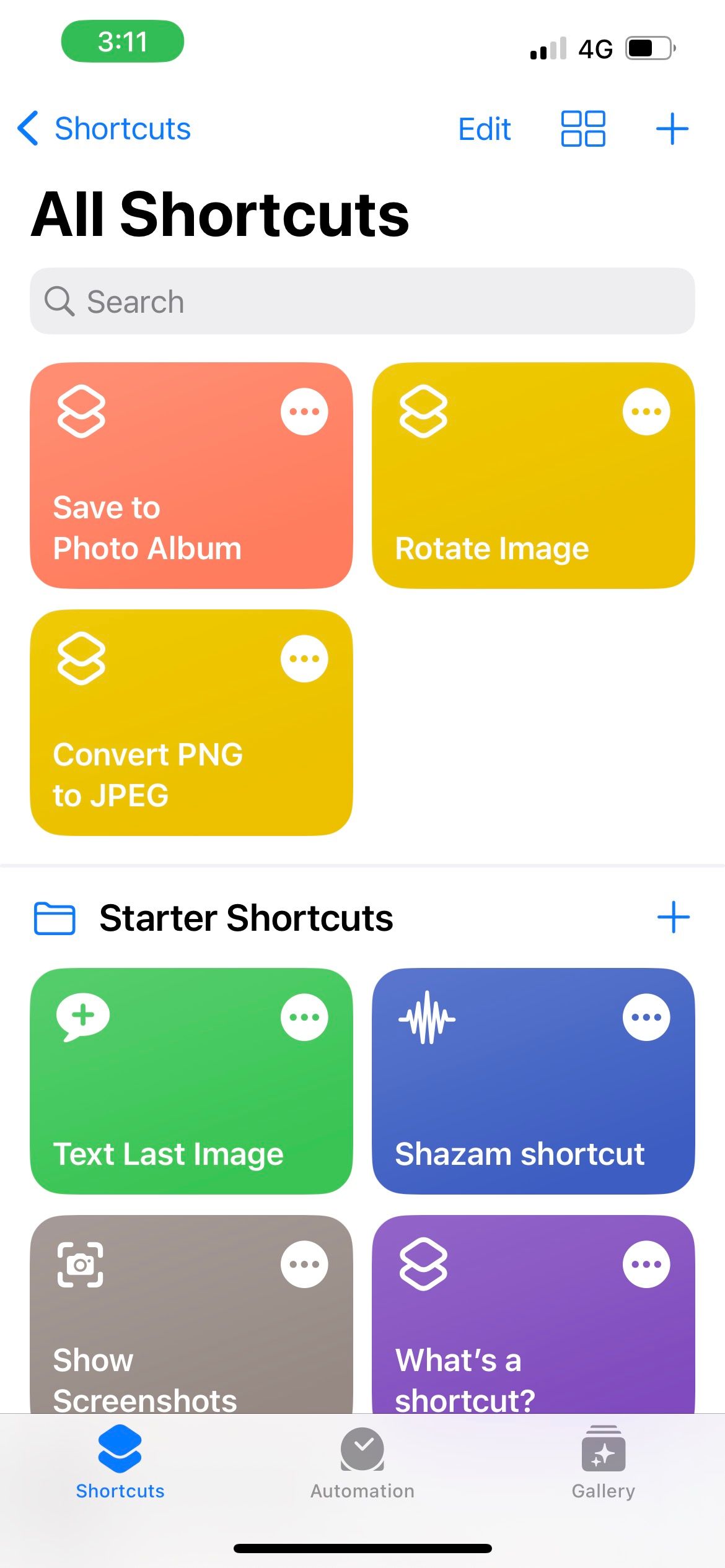 shortcuts tab in iphone shortcuts app 