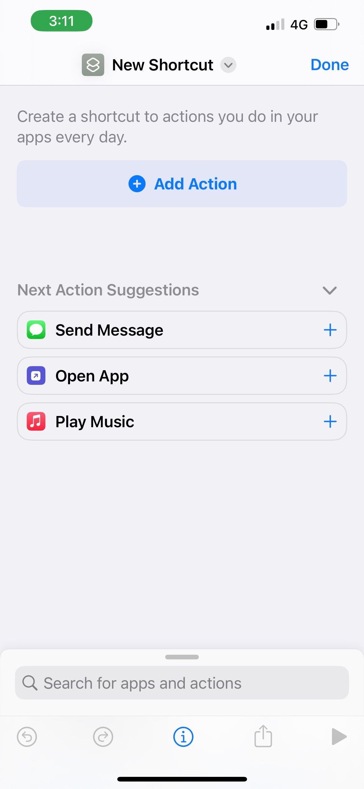 add new shortcut in iphone shortcuts app