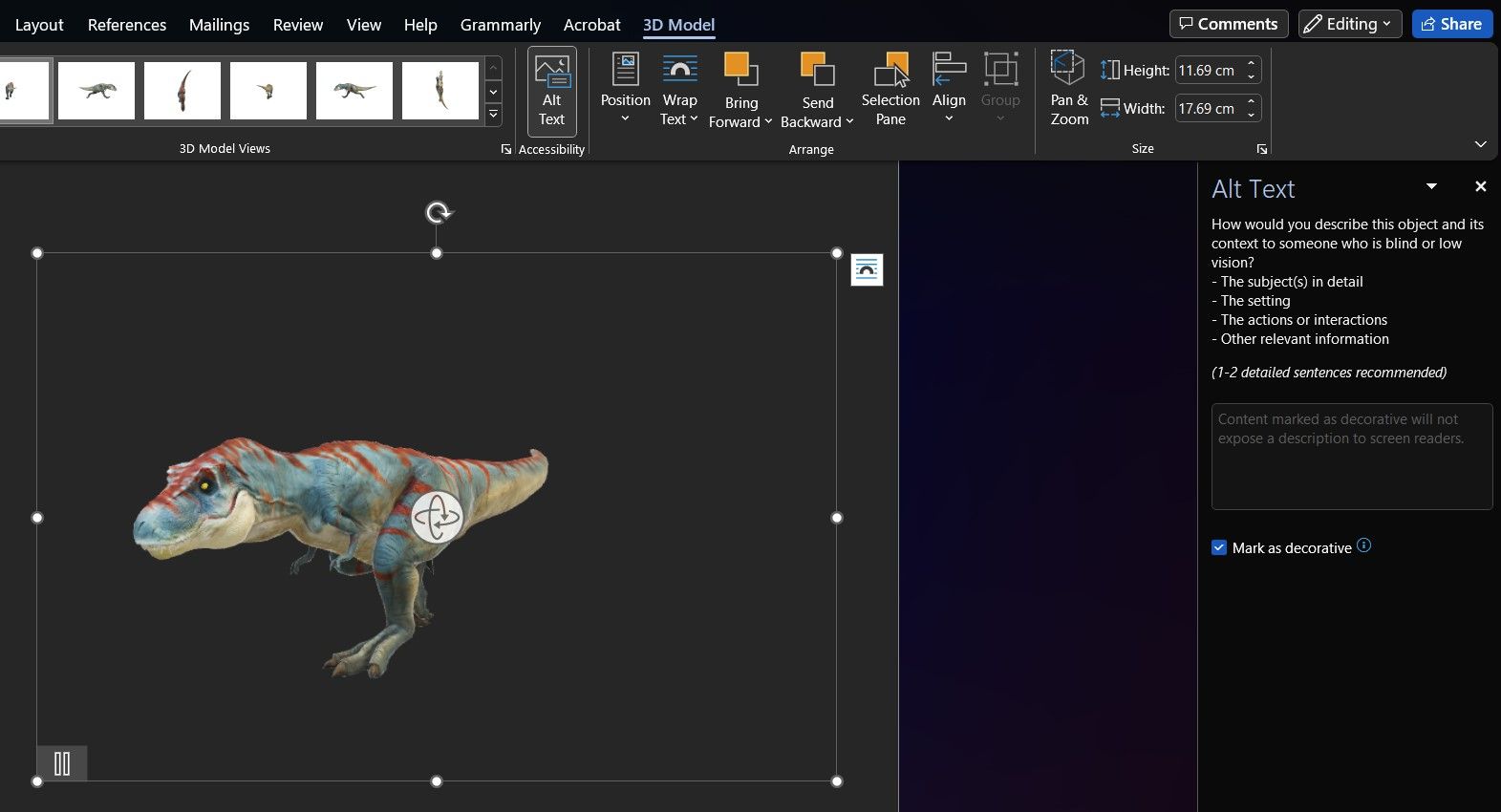 Adding Alt Text to 3D Model of T-Rex on Microsoft Word