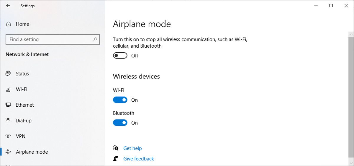 Airplane mode settings in Windows 10