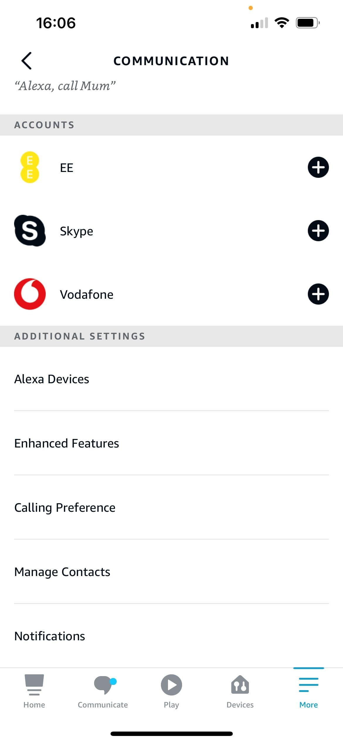 Alexa Communication settings