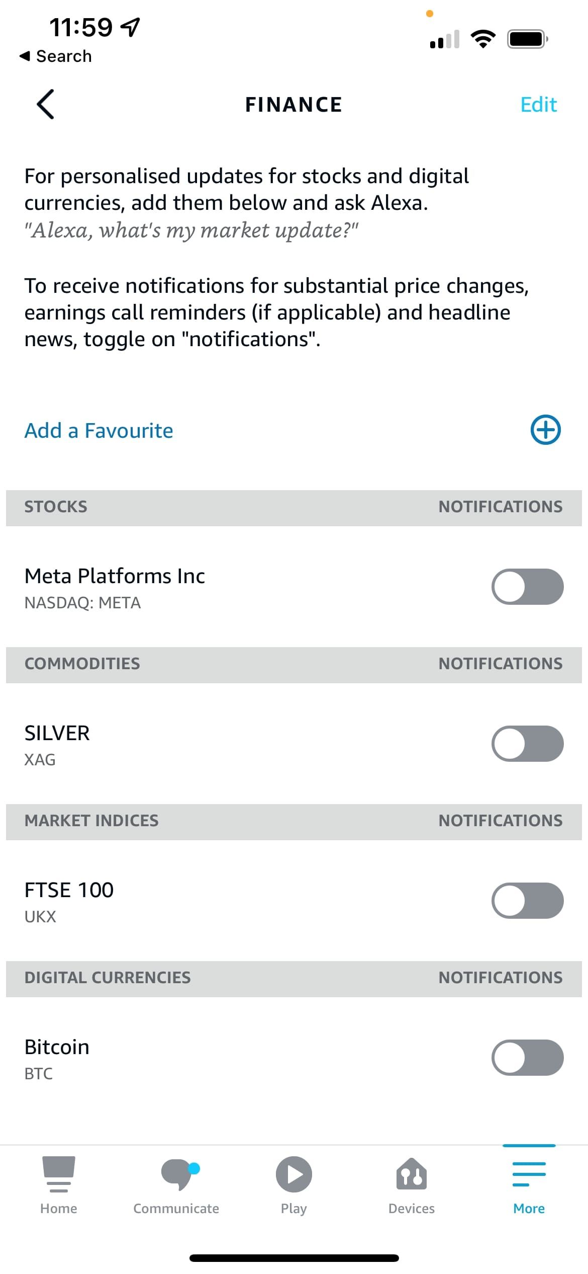 Alexa Finance update main page