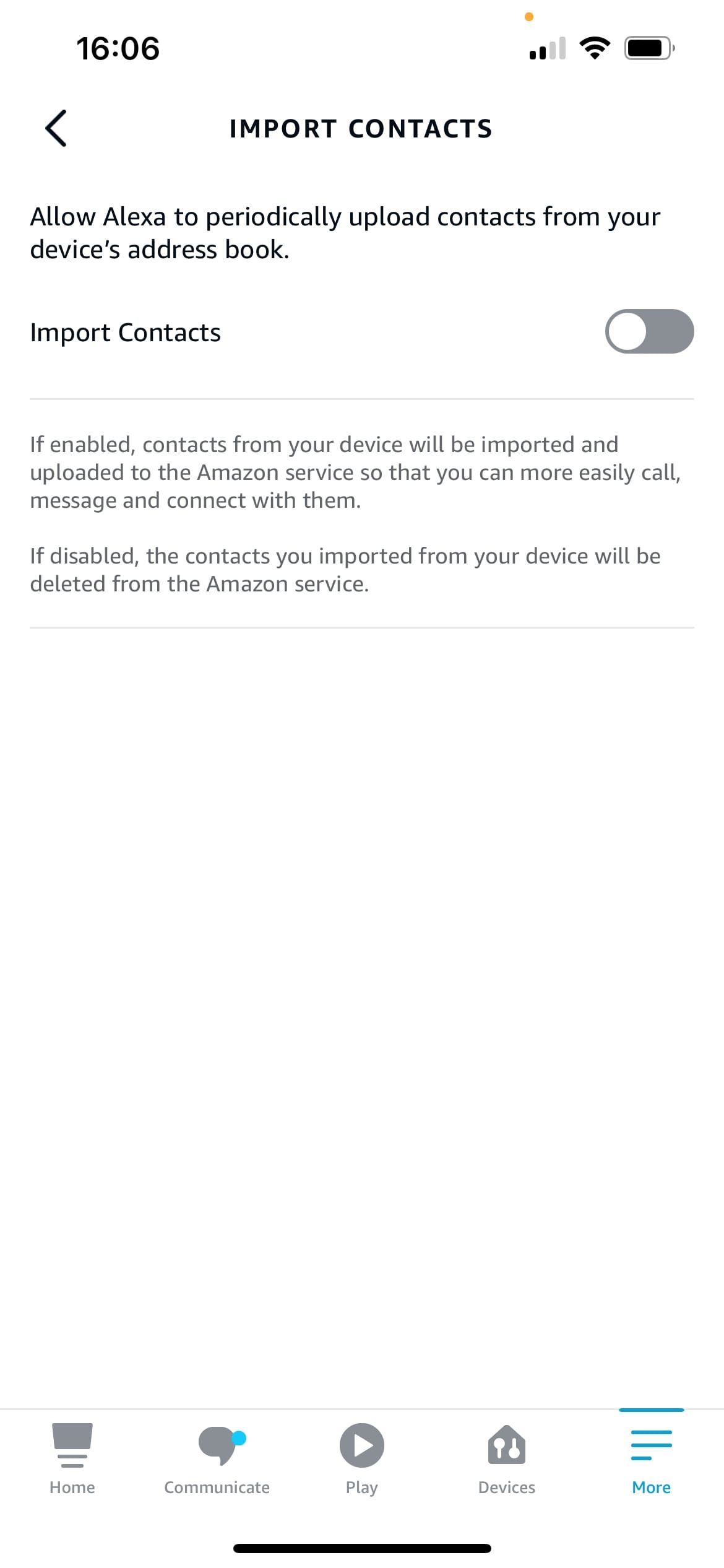 Alexa Import Contacts page