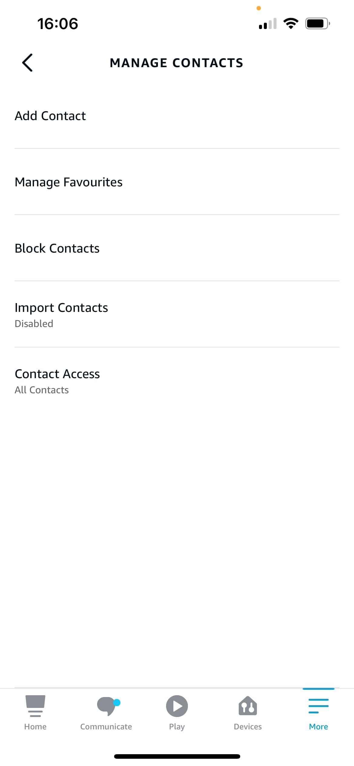 Alexa Manage Contacts page