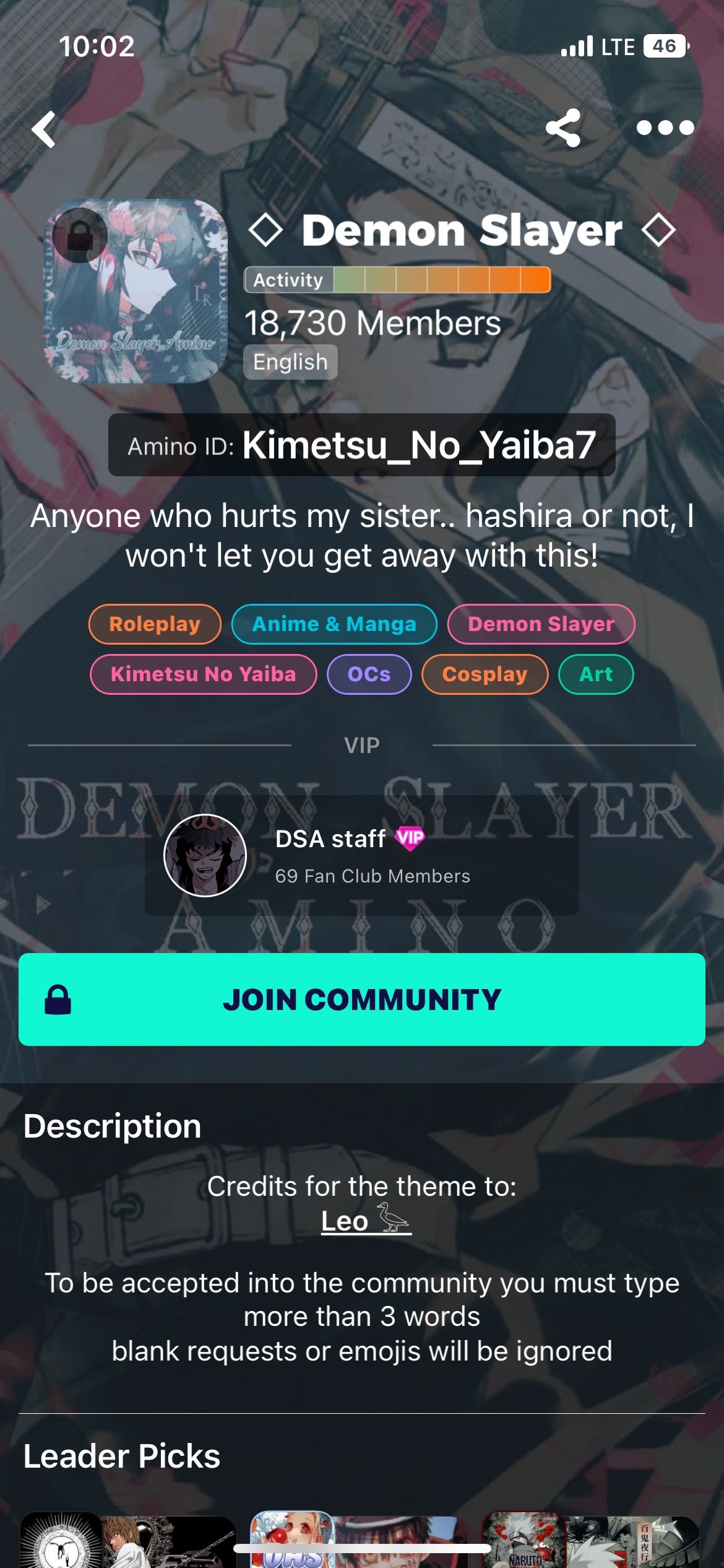 Community info in Amino app