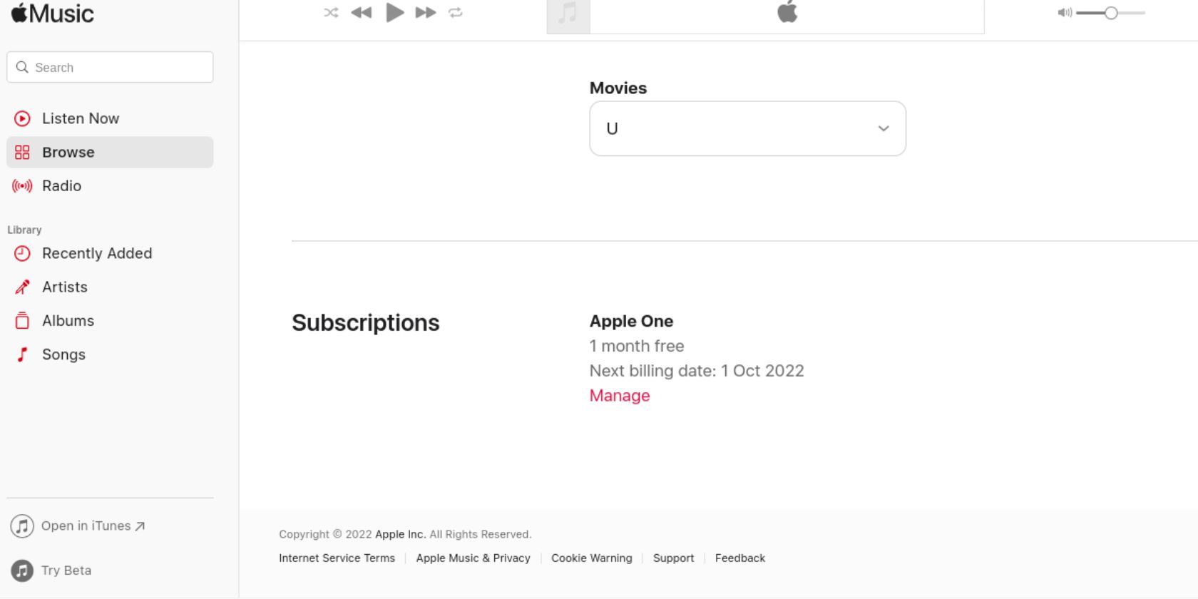The manage subscription page on the Apple Music web app