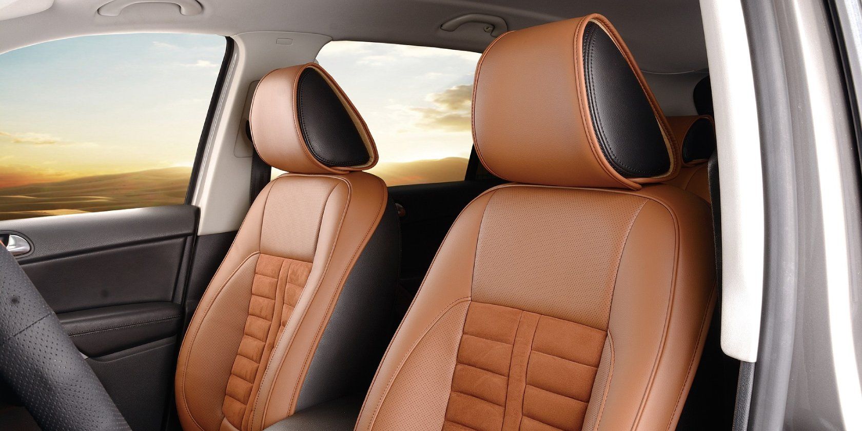 Brown front seats inside a car