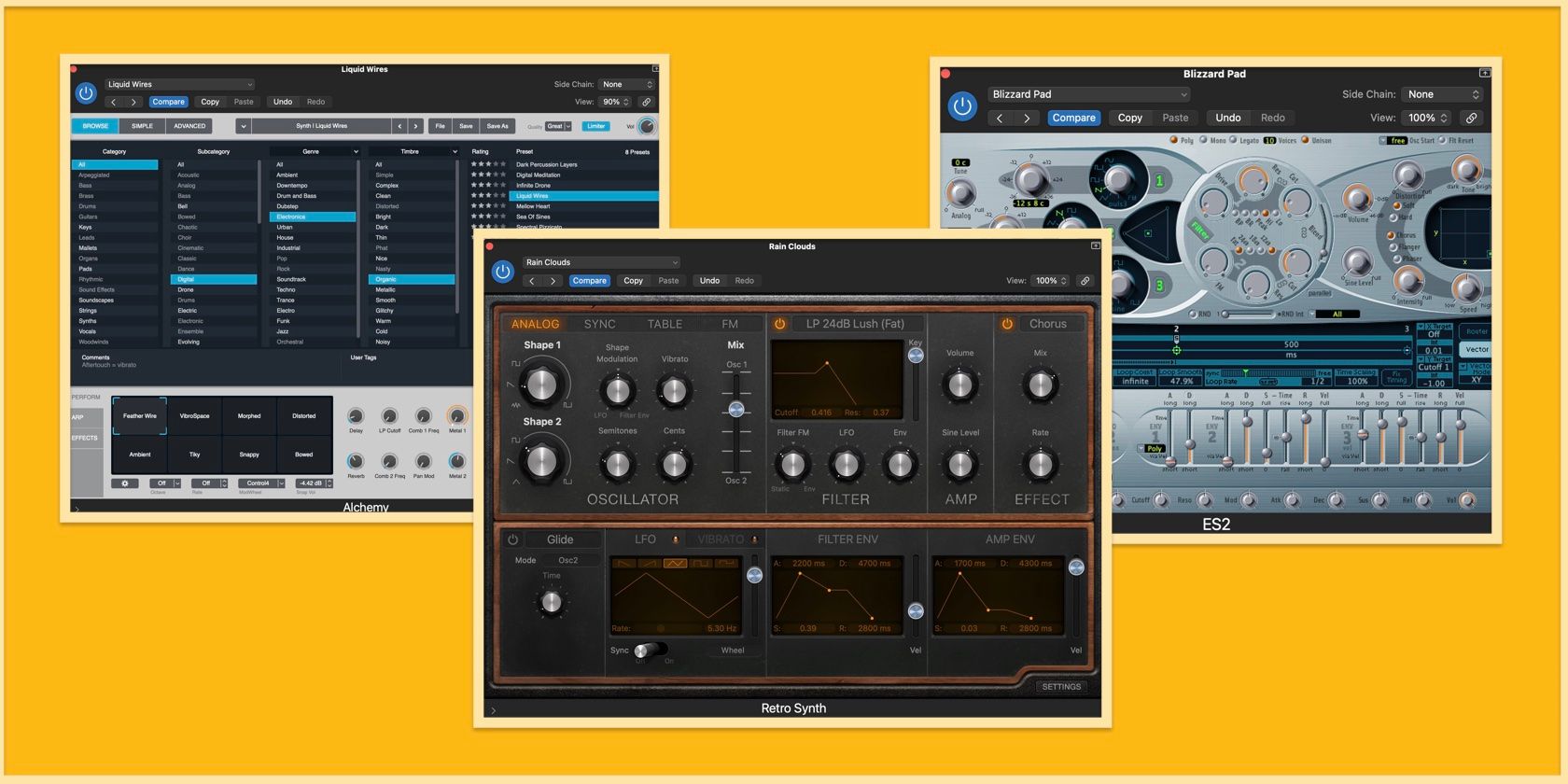 Three screenshots showing the Logic Pro digital synthesizers: Alchemy, Retro Synth, and ES 2.