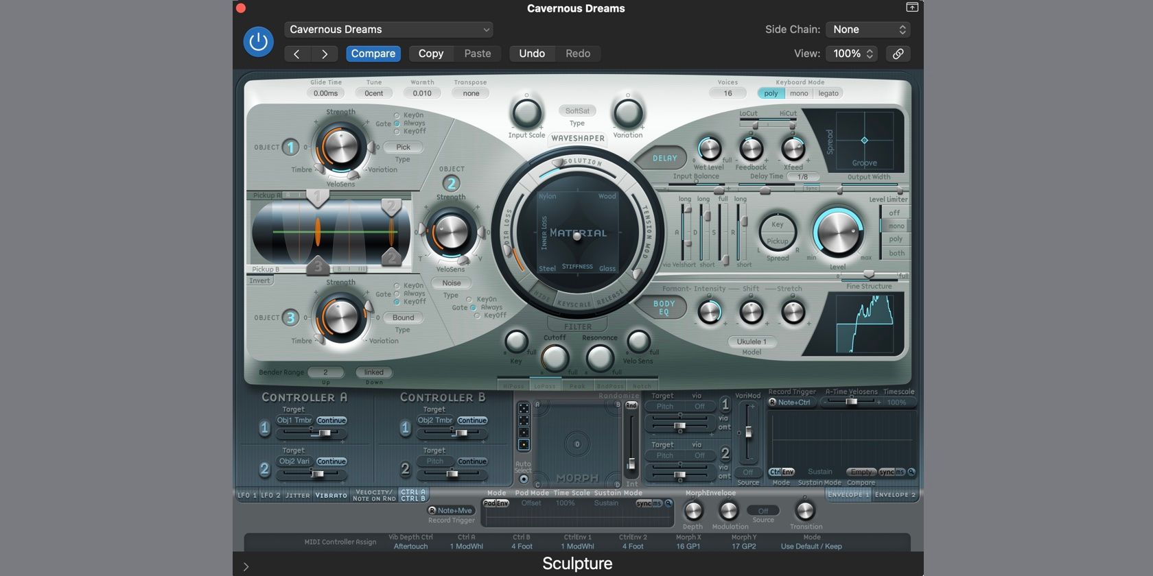 Screenshot of Sculpture synth in Logic Pro.