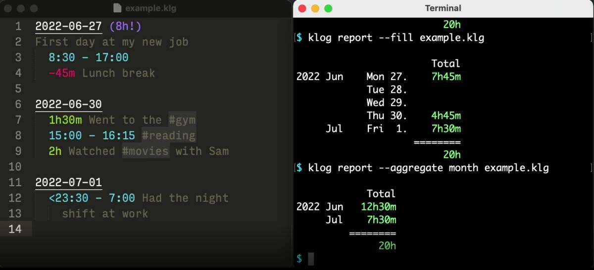 Klog lets you write in a simple notepad to log all your time-tracking activities, and calculates them in a command-line terminal