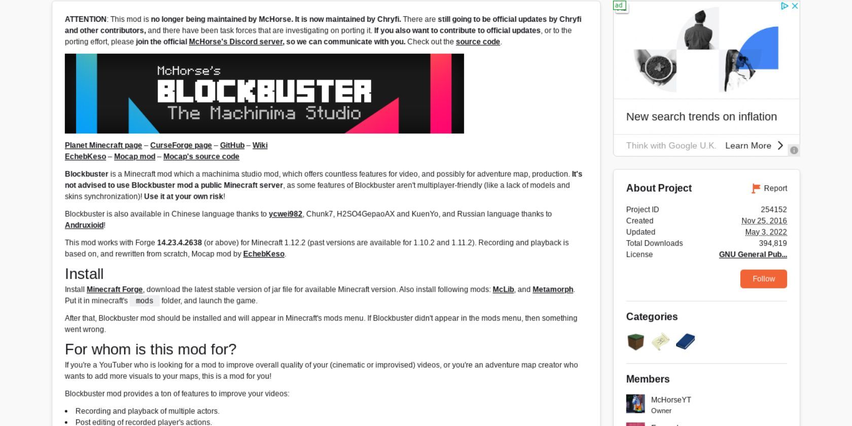 A forum post detailing a Minecraft mod called Blockbuster