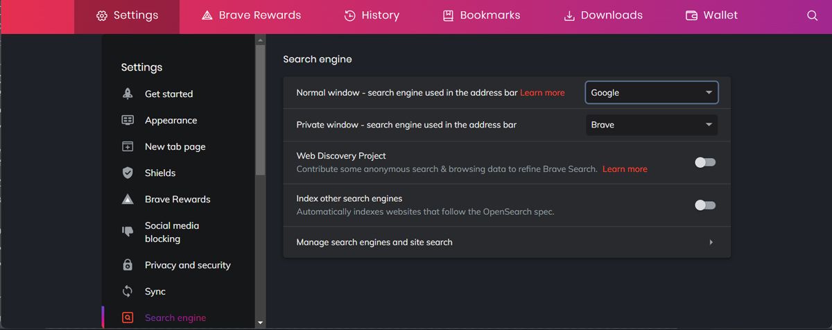 Setting Brave search engine